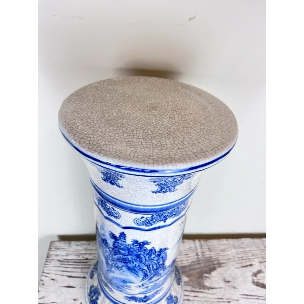 Vintage Mid Century Pedestal Shan Shui Pattern Mountain River Blue White Crazed
